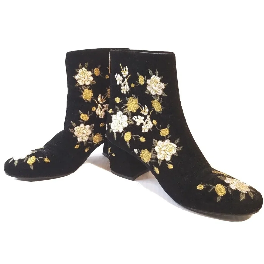 Forever 21 Topshop Womens Boots Sz 8 Black Velvet Floral Feminine Side Zip Shoes